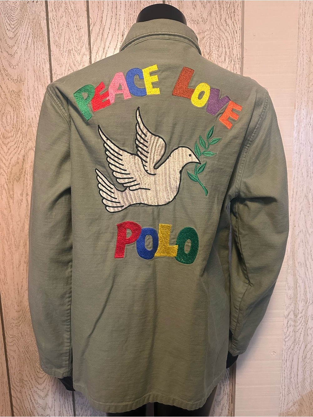 Polo Ralph Lauren Peace Love Embroidered Military Green Shirt/Jacket Shacket